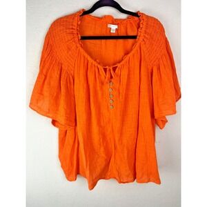 Cato Orange Boho Peasant Top 22/24W Smocked Shoulder Button Front Blouse